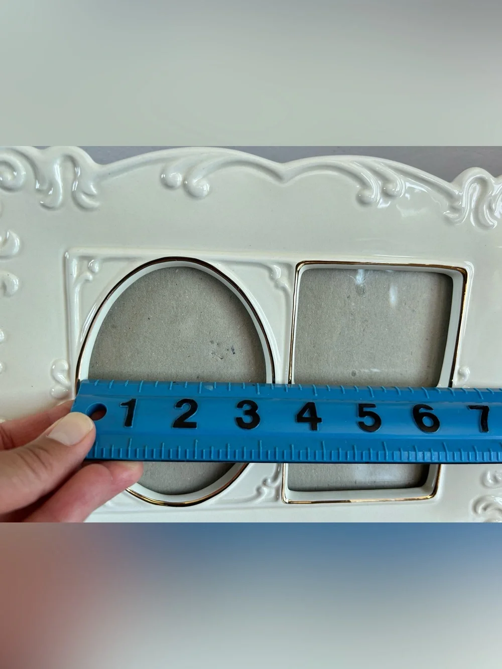 Vintage White Ceramic Collage Frame | Gold Trim, Embossed Scrollwork, Triple Pic